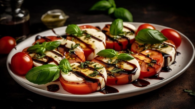 Un plato de tomates con hojas de albahaca