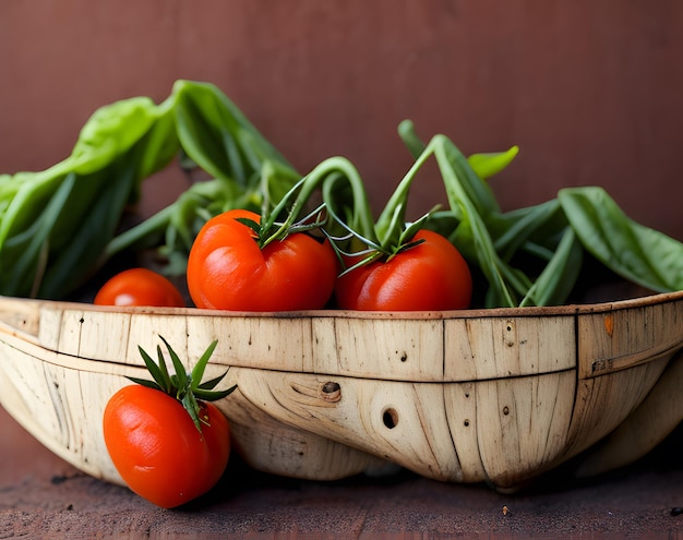 Un plato de tomates con judías verdes al lado