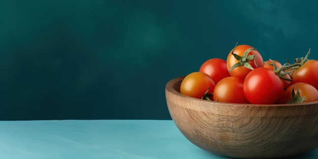 Un plato de tomates en una mesa azul