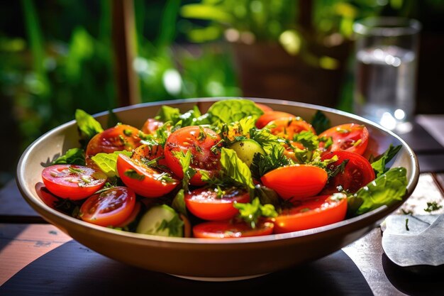 un plato de tomates y pepinos