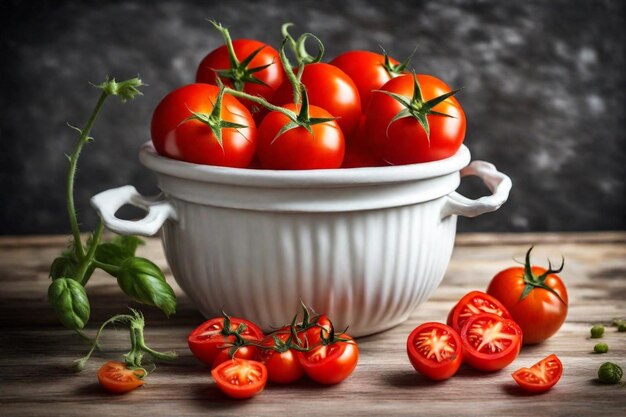 un plato de tomates con un plato blanco de tomates en una mesa de madera