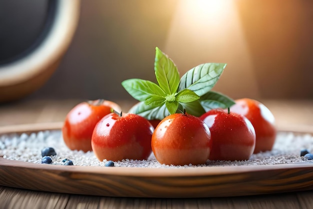 Un plato de tomates con una ramita de albahaca encima