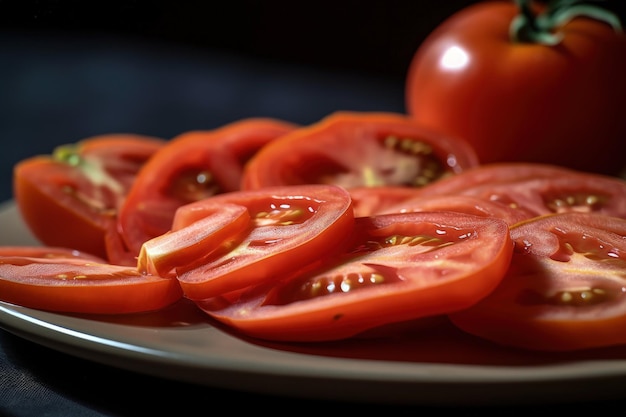 Un plato de tomates en rodajas sobre una mesa IA generativa