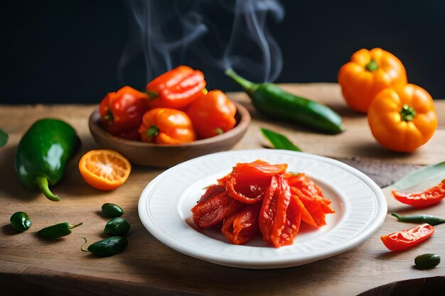 Un plato de tomates en una tabla de cortar de madera con un tazón de jalapeño y un tazón de jalapeño.