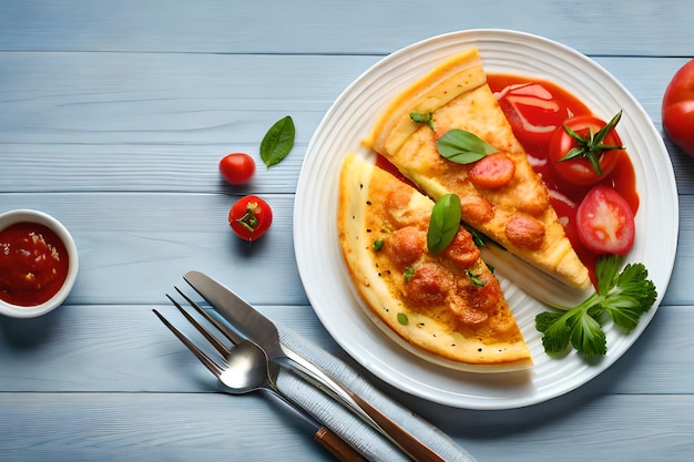 Un plato de tortilla con tomate y albahaca sobre una mesa de madera.