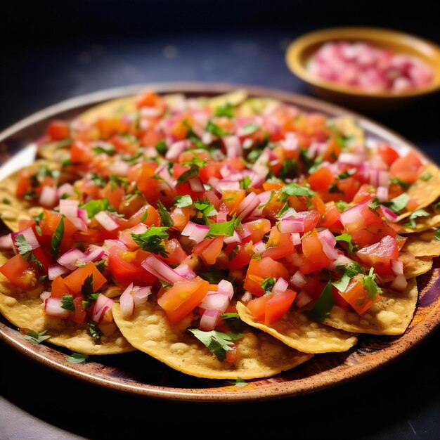 Foto un plato de tortillas cubierto de tomates y cilantro