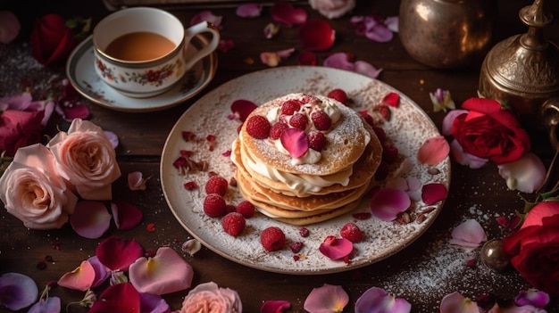 Un plato de tortitas con frambuesas y una taza de té