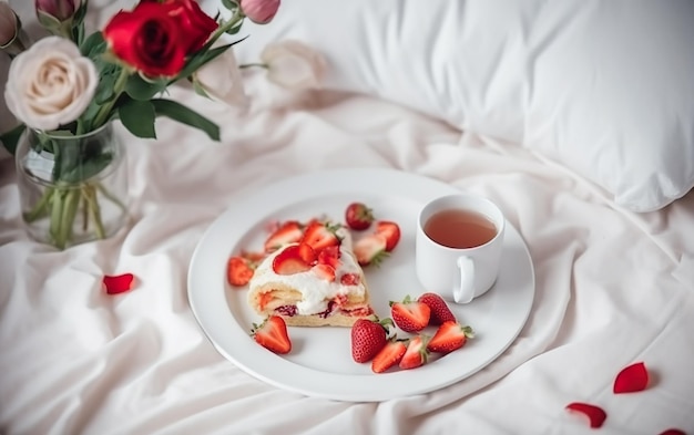 Un plato de tortitas de fresa con una taza de té al lado.