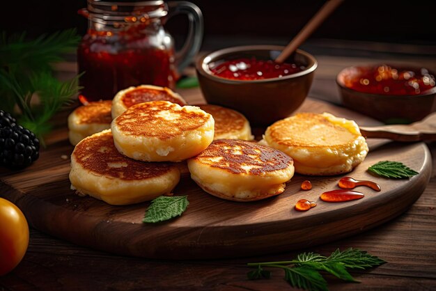 Un plato de tortitas con un tarro de mermelada al lado