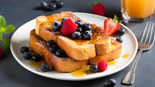 Un plato de tostadas francesas con arándanos y fresas