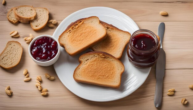 un plato de tostadas y un sándwich de mantequilla de maní en una mesa