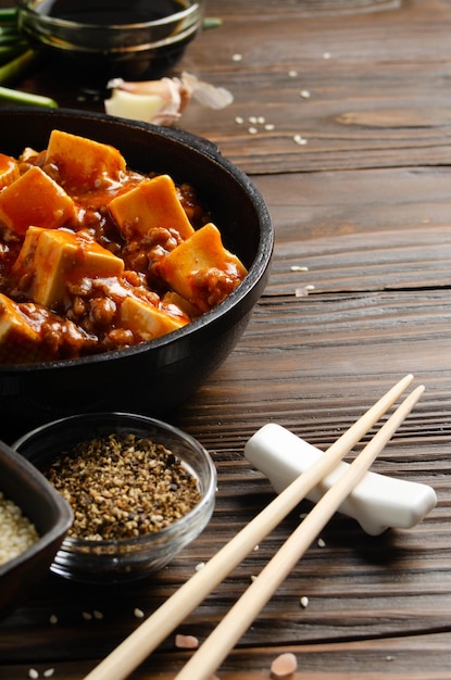 Plato tradicional chino de tofu mapo con cebollino de cerdo salsa de soja pimienta de sichuan ajo y especias