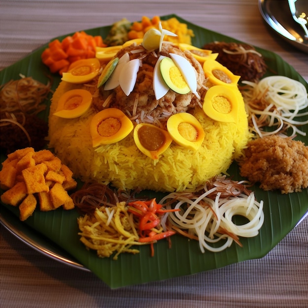 Plato tradicional estético indonesio Tumpeng Nasi kuning con huevo