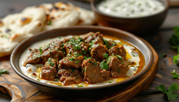 Plato tradicional indio de carne de cordero con naan con mantequilla y raita