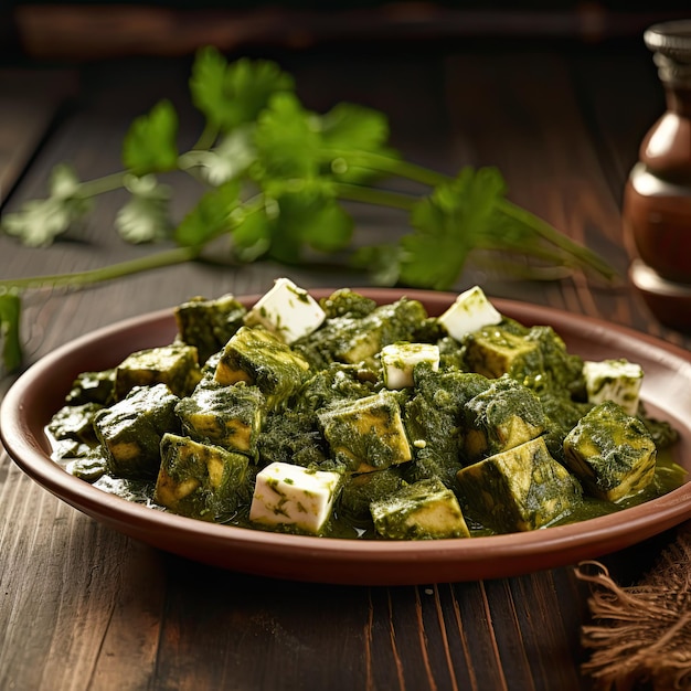 Plato tradicional indio nacional de Palak Paneer indio recién preparado con espinacas