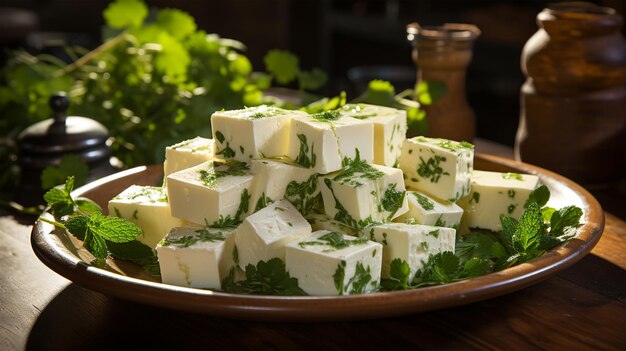 Foto plato tradicional indio de queso paneer con perejil y salsa, postal del menú del restaurante