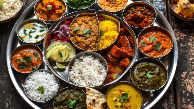 Foto un plato tradicional indio de thali lleno de una variedad colorida de curry, arroz, lentejas y pepinillos para una comida satisfactoria