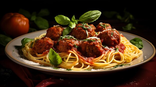Plato tradicional italiano de espagueti con salsa de tomate y albóndigas de carne