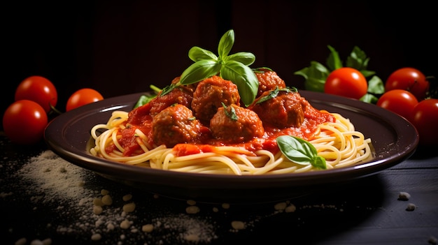 Plato tradicional italiano de espagueti con salsa de tomate y albóndigas de carne