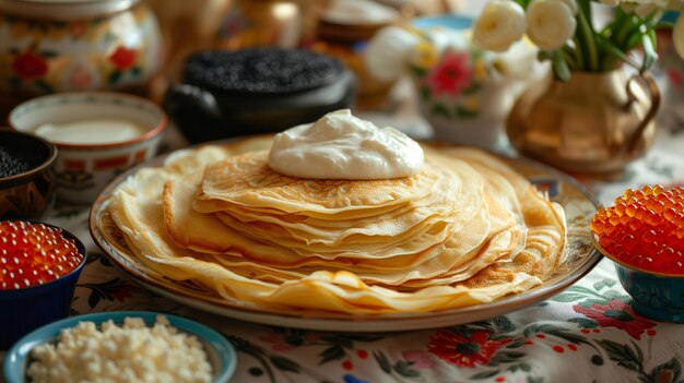 Plato tradicional ruso blini con lado de caviar rojo y negro queso cottage de cerca Configuración de la mesa