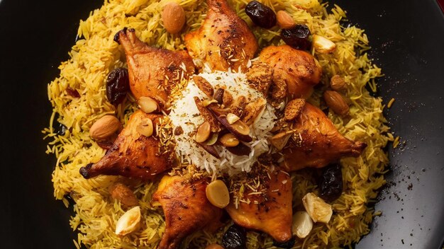 Plato tradicional saudí de pollo y arroz kabsa con especias almendras asadas pasas y gar