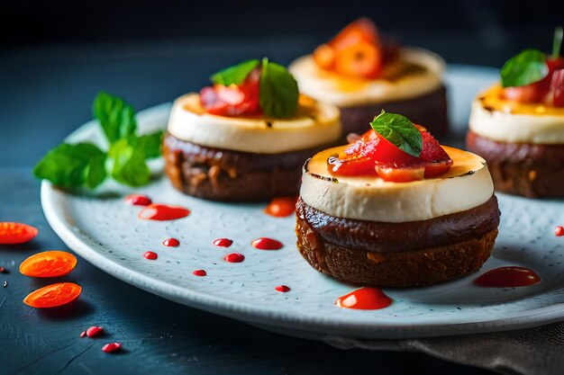 un plato con tres tartas con fresas y una fresa encima.