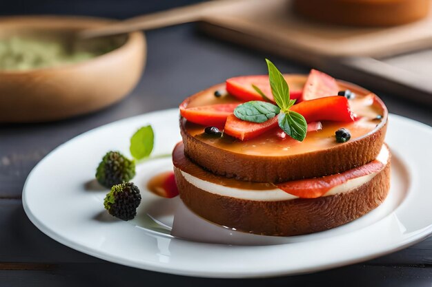 un plato con un trozo de pastel y algo de fruta en él