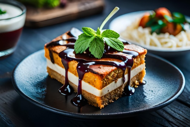 un plato con un trozo de pastel y una fresa encima