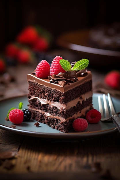 un plato con un trozo de tarta de chocolate y frambuesas