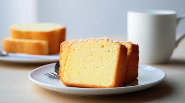 un plato con un trozo de tarta encima y un vaso de leche detrás.