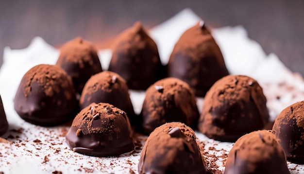 Un plato de trufas de chocolate con chocolate espolvoreado encima.