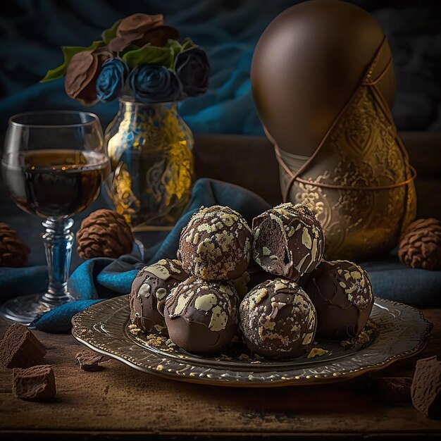 Un plato de trufas de chocolate con un jarrón de flores al fondo.