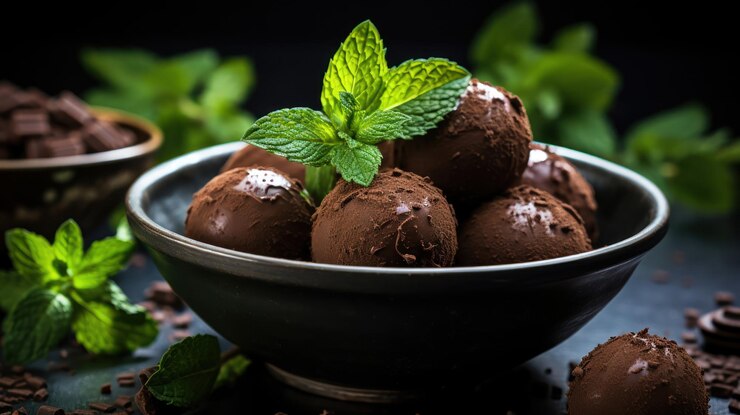 Un plato de trufas de chocolate con menta en una superficie oscura