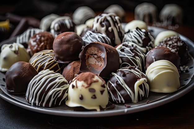 Plato de trufas de chocolate surtidas con chorrito de chocolate blanco y con leche