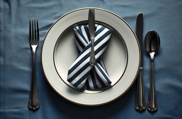 Un plato vacío con corbata a rayas y tenedores.