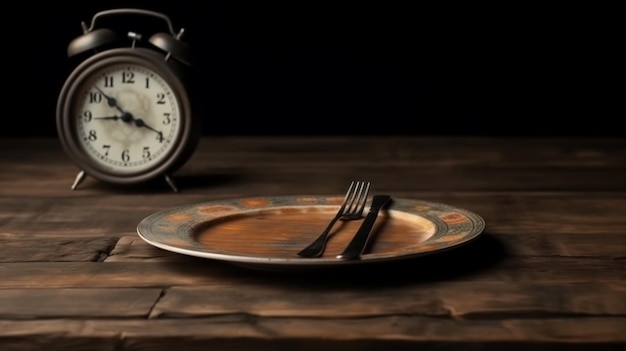 Plato vacío y reloj en concepto de dieta de mesa de madera