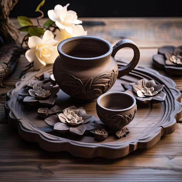 un plato vacío y tazas con flores sobre una mesa al estilo de bloques de madera tallada