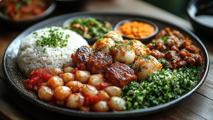 Plato variado con carne de arroz, verduras y especias en un plato
