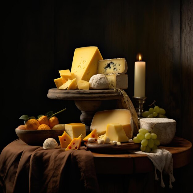 Foto un plato de varios tipos diferentes de queso en pequeñas rebanadas en el estilo realista