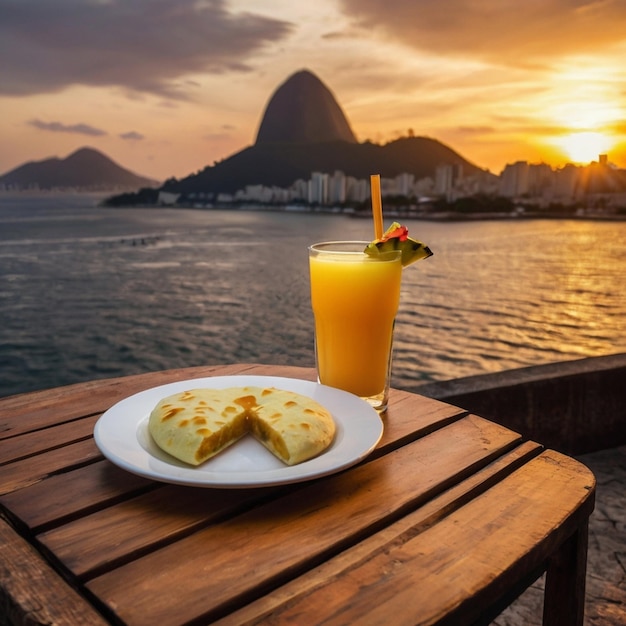 Plato con vaso de roti lleno de jugo de frutas frescas y postre fondo puesta de sol creado por IA