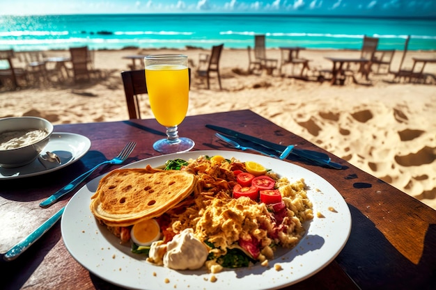 Plato vegano para desayunar en restaurante en la costa del mar servido en mesa en la playa