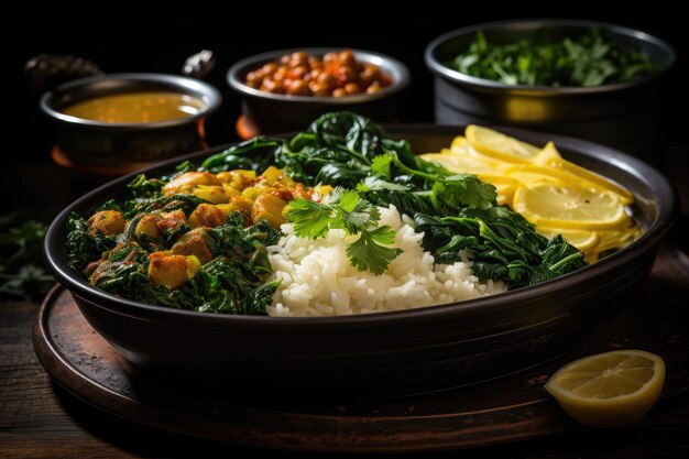 Plato vegano con lentejas a la canela y espinacas generativa IA