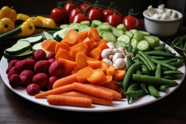 Plato de vegetales crudos listos para ser encurtidos o fermentados creados con ai generativa