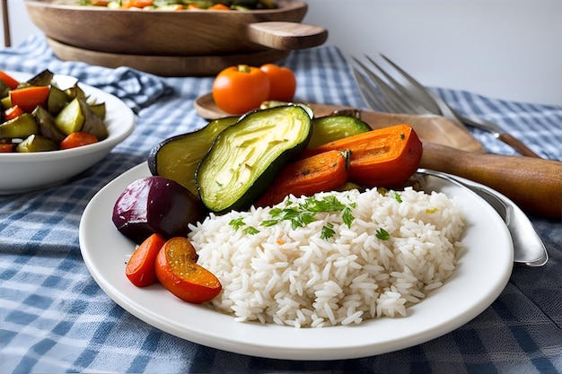 Un plato de verduras asadas con arroz blanco