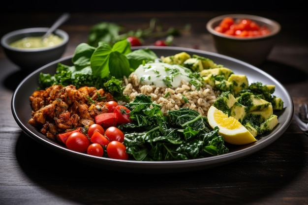 Foto plato de verduras con carne y avena alimento saludable generativo ai