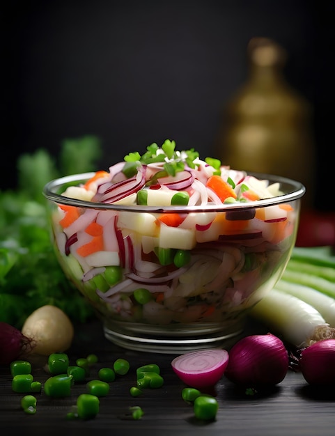 un plato de verduras con cebollas, apio y cebollas