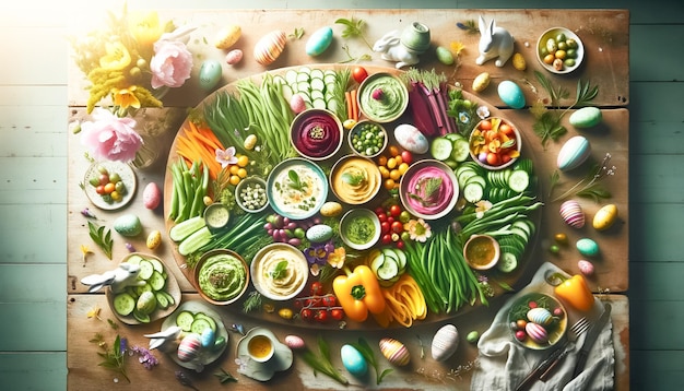 Plato de verduras para la celebración de la Pascua con hummus y flores comestibles