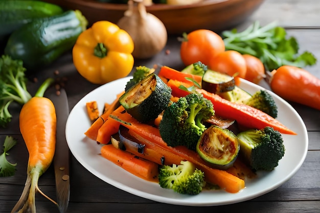 Foto un plato de verduras con un cuchillo al lado.