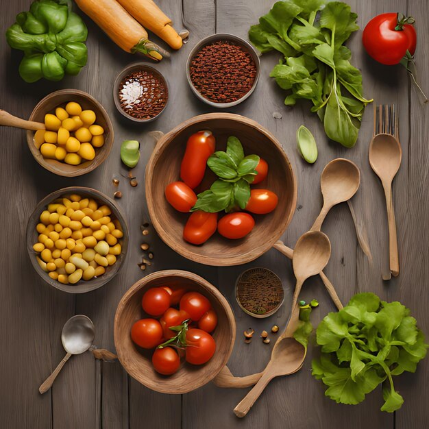un plato de verduras y especias, incluidos tomates, hierbas y especias