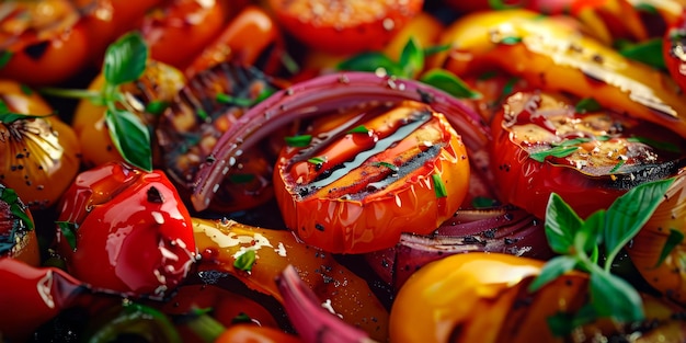 Foto plato de verduras frescas a la parrilla que muestra los colores vibrantes y los bordes carbonizados con exquisitos detalles ia generativa